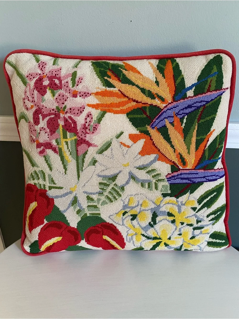 Vintage Vibrant Topical Floral Tapestry Needlepoint Throw Pillow